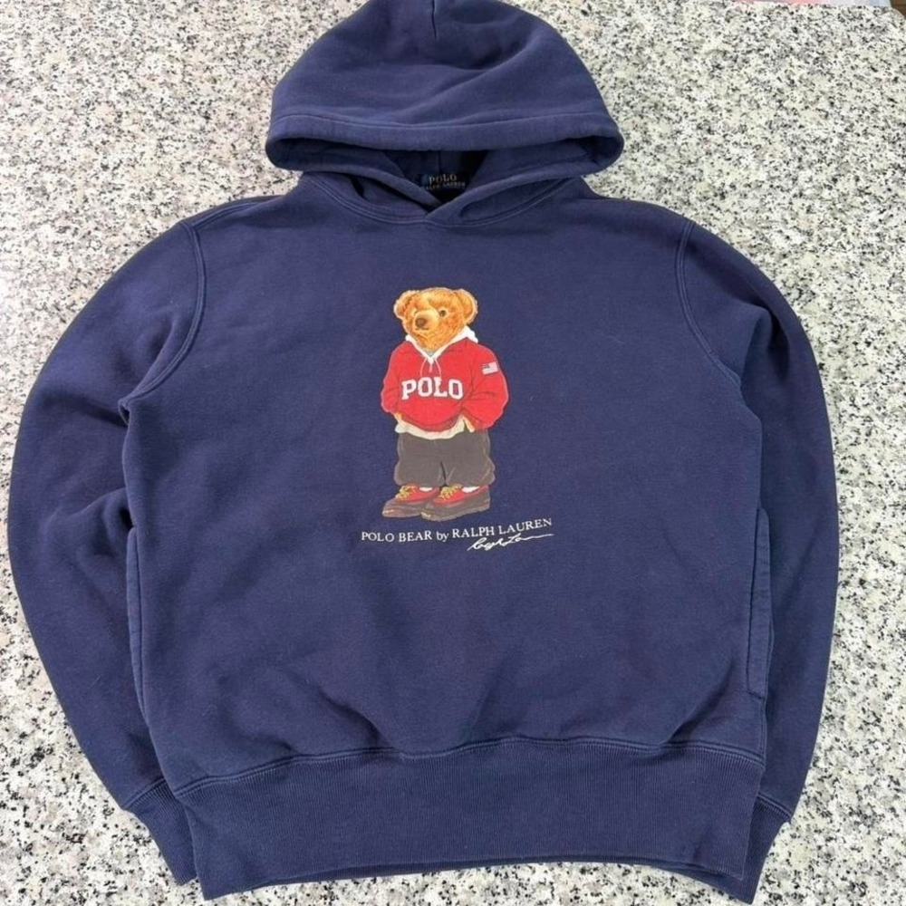 Polo Ralph Lauren Men's Blue Fleece USA Polo Bear Hoodie Small